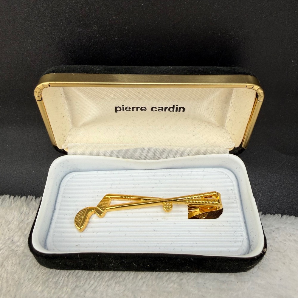 Vintage Pierre Cardin Tie Bar Gold Tone Golf Clubs Sporty Men Accessory